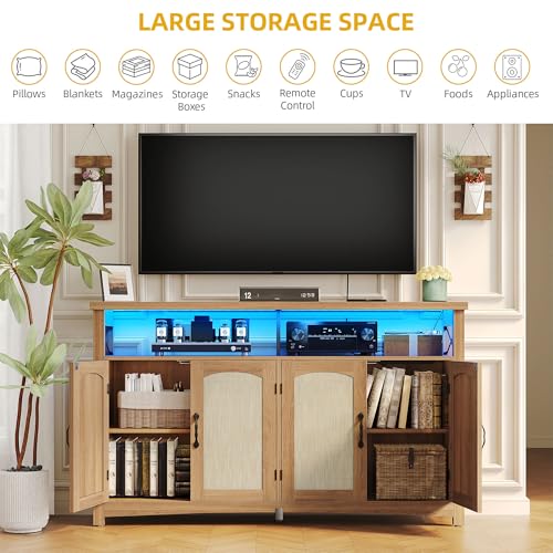 DWVO Farmhouse TV Stand for Living Room, 35.4" Tall Rattan Entertainmenr Center w/2-door Cabinet, Rustic Wood Buffet Cabinets, Boho Media Console Table with LED Lights for 45/50/55/60 Inch TV (Oak)