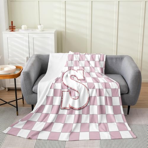 Image of Erosebridal Pink Initial S Flannel Blanket Kawaii Plaid Checkered Fuzzy Plush Throw Cute Personalized Monogram Fleece Blanket for Kids Girls,Fashion Grids Gingham Decor for Bed Couch Baby 30 inchx40 inch