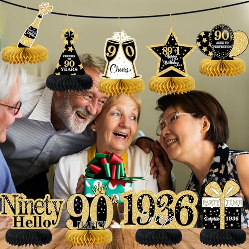 Image of 9Pcs 90th Birthday Decorations Honeycomb Centerpieces for Women,Black Gold Happy 90th Birthday Centerpieces Tables Toppers Party Decorations Supplies, Vintage 1936 Aged Table Sign Decor