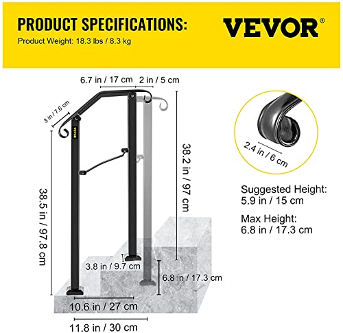 VEVOR Handrail Arch #1 Fits 1 or 2 Steps Matte Black Stair Rail Stainless Steel Wrought Iron Handrail with Installation Kit Hand Rails for Outdoor Steps by VEVOR - Used condition - Image 7