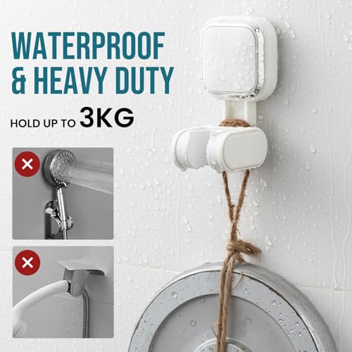 Image of TAILI Shower Head Holder Suction, Handheld Shower Head Bracket, Height Angle Adjustable Wall Mounted, Bathroom Showerhead Holder Removable No Drilling Waterproof, Square Suction Cup, White