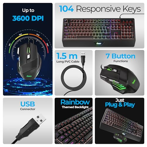 Image of FOXIN Endeavour Gaming Keyboard and Mouse Combo Wired | RGB Rainbow Backlit Keyboard with 104 Keys & Wrist Rest | 3600 DPI | 7 Button Mouse | Plug & Play for PC, Laptop, Desktop
