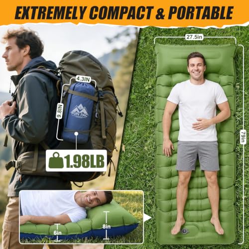 Image of FUN PAC Camping Sleeping Pad,Ultralight Camping Mattress with Pillow, Built-in Foot Pump Inflatable Sleeping Pad Compact for Camping,Backpacking, Hiking,Traveling