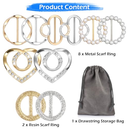 10 Pcs T-shirt Tie Clips, Silk Scarf Ring Clip for Women Fashion Metal Round Circle Clip, Clothes Corner Knotted Button Shirt Buckle with 1 Storage Bag2