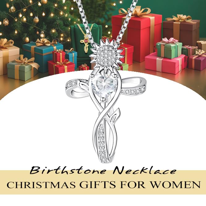 HeartMelody Birthstone Cross Necklace for Women Gold, Wedding Anniversary Birthday Sunflower Necklaces Gifts for Wife Her,Mom,14 K /18K White Gold Infinity Necklaces Womens Christian Everyday Jewelry with Heart Pendant3