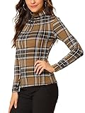 Allegra K Women's Long Sleeve Turtleneck Tops Stretch Slim Plaid Shirt Small Brown