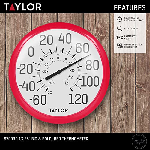 Image of Taylor Big and Bold Wall Dial Thermometer, Indoor Outdoor Thermometer, Wireless Thermometer with Easy to Read Numbers for Patio, Pool, Garage and Indoor Areas, 13.25-inch, Red