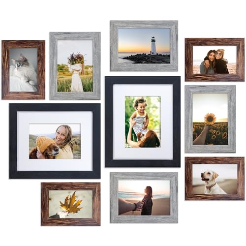 Collage Picture Frames for Wall 10 Pack Assorted Gallery Wall Frame Set with 8x10 5x7 4x6 Multi Sizes and Colors Wood Grain Photo Frame Collage for Wall Decor or Tabletop Display - Black, Gray, Brown