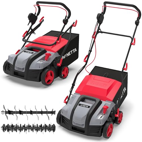 NETTA 2000W Lawn Scarifier and Aerator - 400mm Electric Lawn Rake & Moss Remover 5 Adjustable Heights 55L Grass Box - 10m Cable Heavy Duty Lawn Aerator for Large Gardens