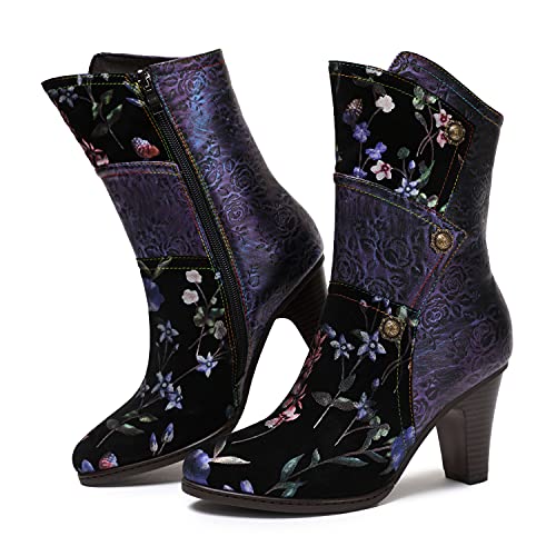 CrazycatZ Women Leather Ankle Leather Colorful Boots Vintage Leather Boots Floral Ankle Boots3