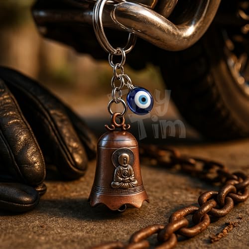 Image of Tiny Tim Guardian Bell with Evil Eye Charm - Protective Motorcycle & Car Accessory - Tibetan-Inspired Design - Wards Off Negative Energy - Ideal Gift for Bikers & Travelers