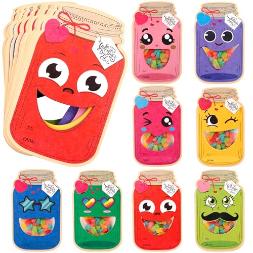 POPGIFTU Valentines Day Cards for Kids School – 48 Pack Funny Face Mason Jar Valentine Gift Cards with Treat Bags, Classroom Exchange Cards for Boys Girls Toddlers & Friends (Candy Not Included)