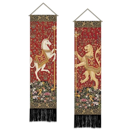 Image of SUPERDANT 2Pc Medieval Lion Tapestry Vertical Wall Hanging Set 51x13 Inch/130x33cm Narrow Retro Panel with Rod for Apartment Hallway Bedroom Man Cave Colorful