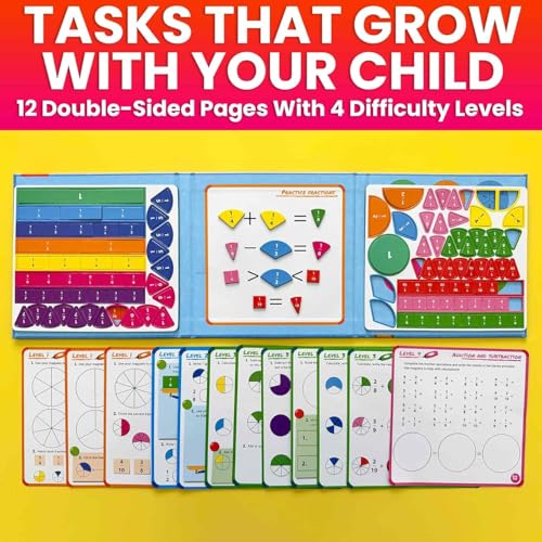 Image of QUOKKA Magnetic Fractions Learning Set for Kids Ages 6-12 - Hands-On Math Games for Homeschooling, Classrooms & Travel - 110 Magnets, 12 Task Pages, Marker - Montessori Educational Toy Puzzles