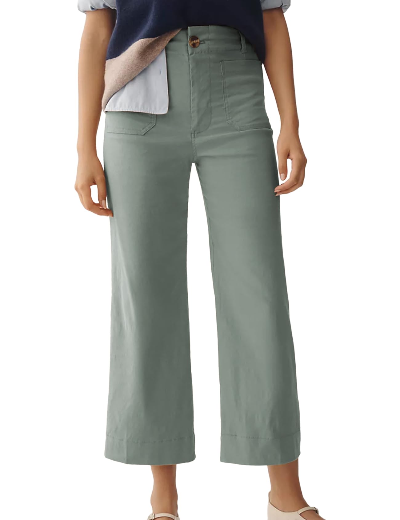 Womens Linen Pants Cropped Wide-Leg Pants Casual High Waist Baggy Pants Stretchy Straight Trousers with Pockets Cyan-L