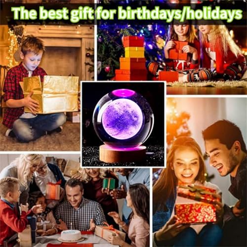 Image of 3D Crystal Ball Lamp with 16 Colors Changing LED Wooden Base - Solar System Night Light, Galaxy Lamps, Galaxy Crystal Ball Light with USB (16 Color Moon)