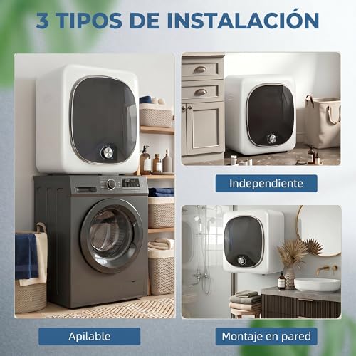 Miniatura 7 de Homcom Secadora De Evacuación 4 Kg, Secadora De Ropa 800w, Función Antiarrugas, Función Esterilizar, 5 Programas, Carga Frontal, Fácil De Planchar, Tambor Inox, Blanco