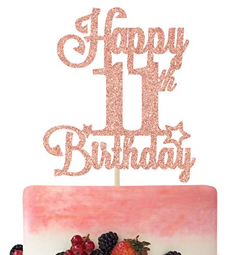 Betalala Happy 11th Birthday Cake Topper, Cheers to 11 Years, Hello 11, 11th Birthday Anniversary Party Decorations Rose Gold Glitter.
