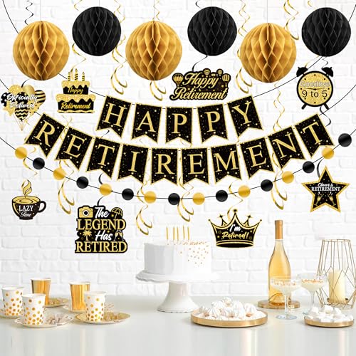 Image of Happy Retirement Party Decorations Kit Black Gold Retirement Banner Hanging Swirls and Honeycomb Balls Retirements Party Supplies for Farewell Goodbye Retirements Going Away Party Decorations