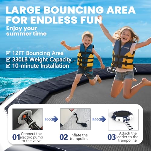 Calmmax 12FT Inflatable Water Trampoline for Kids & Adults with Ladder, Electric Pump & Anchor Bag – Floating Trampoline for Lake, Pool, Ocean, Swimming, Fishing, Floating Water Bouncer