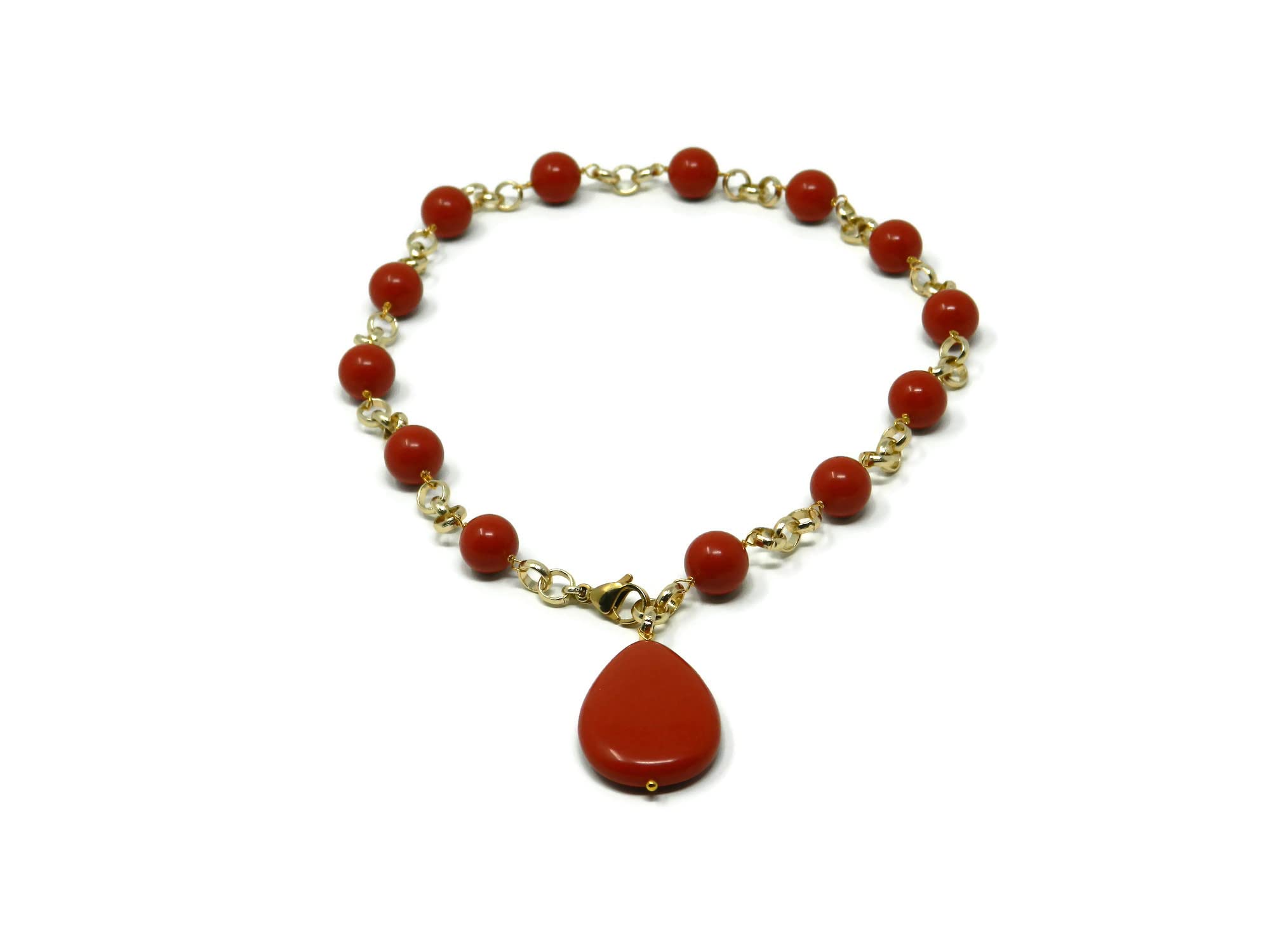 Collana girocollo donna in pasta di corallo rosso Sardegna – Palline 12 mm e goccia piatta 25x35 mm – Catena dorata 48 cm – Handmade Made in Italy – Anallergica Nickel-Free - DodiGioielli