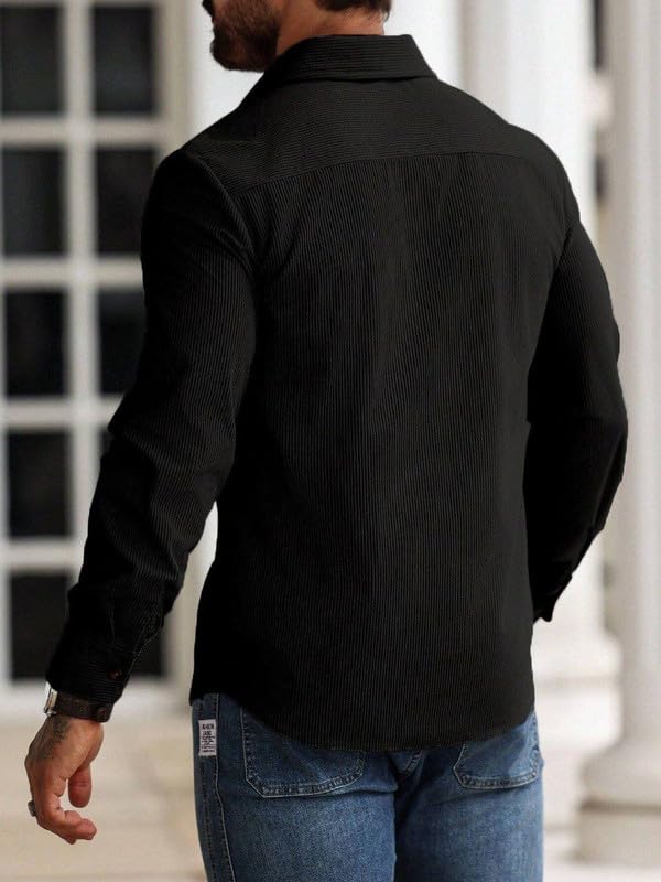 Image of Men Corduroy Casual Jacket Full Sleeve Self Design Button Front with Spread Collar, Woven Cord Lining and Two Pockets for Casual Outings