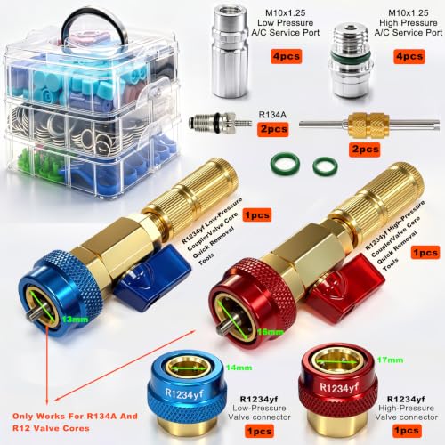 Image of Taiss 7 Set Car A /C Repair Kits,R134A Valve Core Remover Installer Tool+A /C Valve Core +O-Ring Seals Kit+Valve Core Caps+A /C Compressor Seal Washers+AC Fuel Line Disconnect Tool +Remove Tool(837PCS)