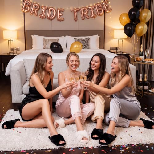Image of 12 Pairs Women's Fuzzy Slippers Cross Band Open Toe Bridesmaid Fluffy Comfy House Slippers for Indoor Outdoor Wedding
