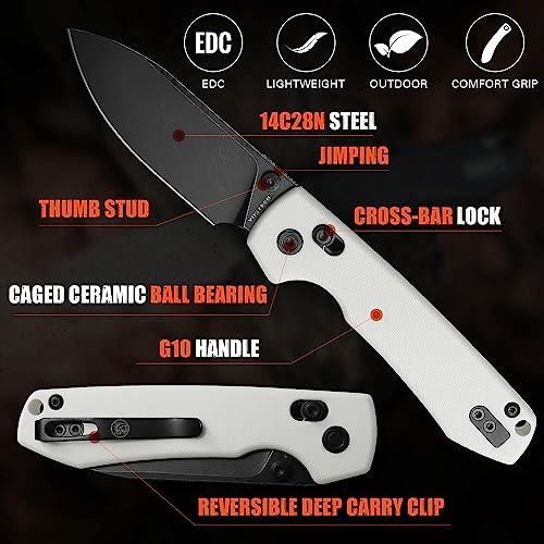 Image of Vosteed Raccoon EDC Pocket Knife - 3.25 inch Sandvik 14C28N Black Stonewash Blade - Crossbar Lock White G10 Handle for Camping, Hiking - A0507