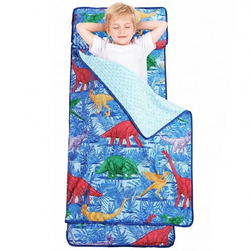 Image of Viviland Toddler Nap Mat with Pillow and Minky Blanket, Rolled Large Sleeping Mat for Boys, Kids Slumber Bag Nap Mat for Preschool, Daycare, Kindergarten, Travel Camping - Dinosar Adventure
