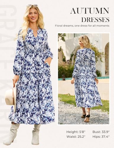 Image of GRACE KARIN Women's Floral Maxi Dress 2026 Fall Long Sleeve V Neck Empire Waist A Line Flowy Dress with Pocket