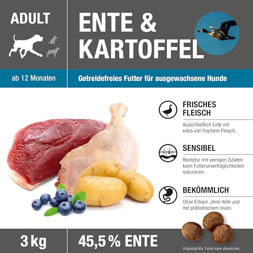 Ente & Kartoffel Adult 3 kg |Getreidefreies Trockenfutter | Monoprotein Ente| von Tierärzten entwickelt | Hundefutter mit frischem Fleisch | Premiumfutter für Hund