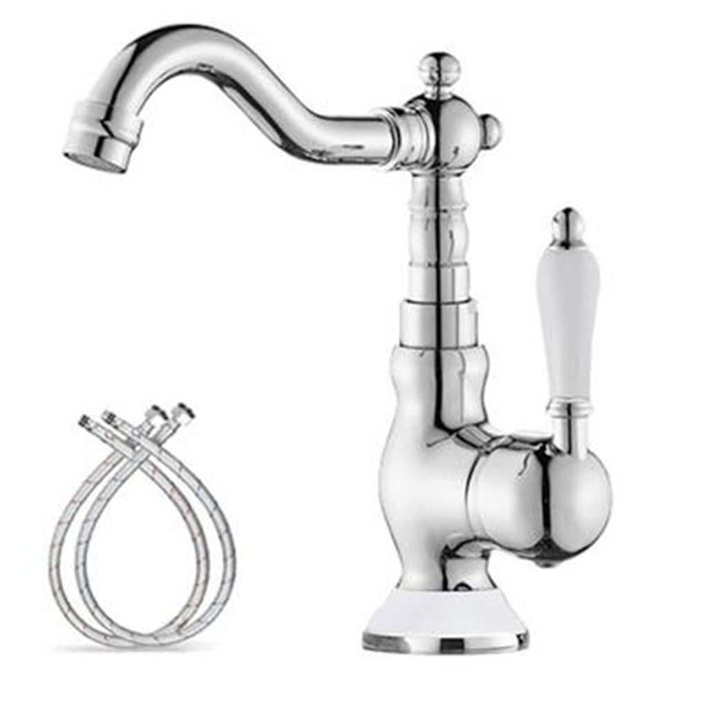 Rubinetto per lavabo Retrò Miscelatore per lavabo in ottone antico girevole a 360°, rubinetto per bagno in ceramica, monocomando bagno vintage con caldo e freddo regolabile, cromato