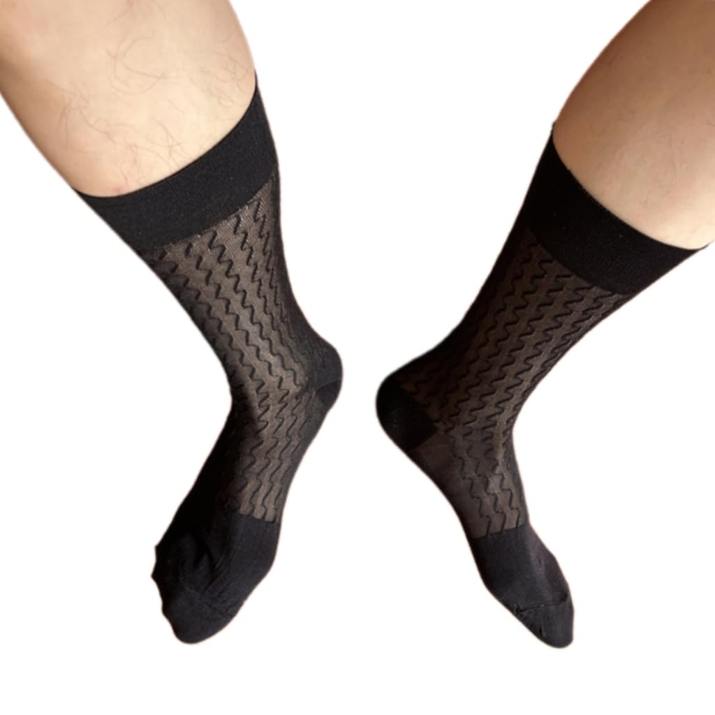 Gmbylby Men's Black Bk Lightweight Sheer Nylon Formal Dress Socks With Waved Striped Pattern Business Suit Calf For