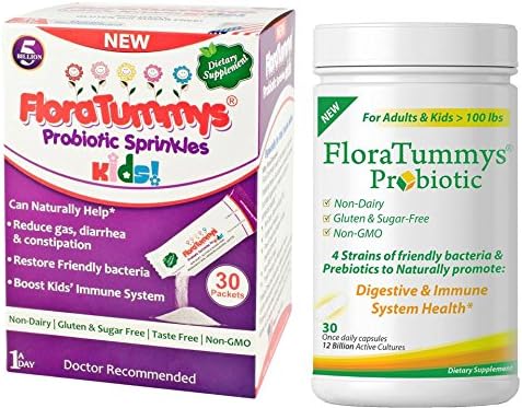 FloraTummys Probiotic Sprinkles for Kids & FloraTummys Probiotic Capsules for Women, Men, Kids: Combo Pack: Non-Dairy, Gluten & Sugar-Free, Non-GMO