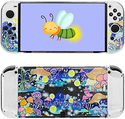 Glitter Clear Case Compatible with Nintendo Switch OLED, Anti-Scratch PC Protective Skin Cover, Flash Shiny Switch OLED Shell Accessories with Fireflies & Mushroom Pattern