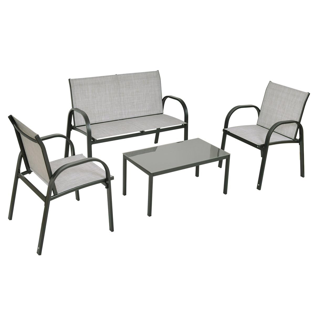 RELAX4LIFE Tavolo e Sedie da Esterno, Tavolino Salotto con Piano in Vetro, Telaio in Metallo, Panchina per Giardino in Tessuto Impermeabile e Anti-UV, Traspirante, Set di 4 Mobili per Esterno (Grigio)