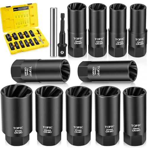 Topec 13PCS Deep Lug Nut Remover, 13-27mm Wheel Lock Removal Tool, 1/2" Drive Bolt Extractor Socket Set, Heavy Duty Lug Nut Removal Tool for Stripped, Rounded, Broken Bolts