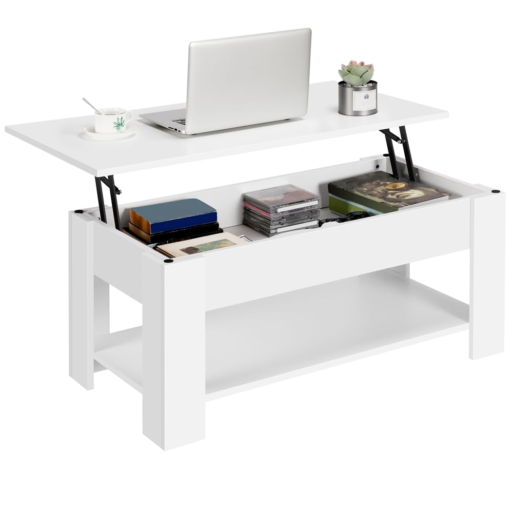Yaheetech Tavolino da Caffè sollevabile Tavolo Moderno Elevabile da Salotto Divano Caffè con Ripiano Inferiore 98 x 50 x 42-56 cm Bianco