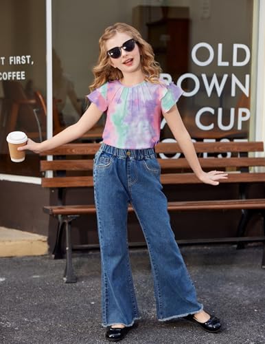 Image of Arshiner Girls T Shirts Ruffle Short Sleeve Summer Pleated Crewneck Casual Tops Tees Blouses