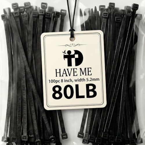 Image of Zip Ties 8 inch, 100 Pack Heavy Duty Black Zip Ties with 80 lbs Tensile Strength, Self-Locking Nylon Cable Ties,Wire Ties for indoor and outdoor use.