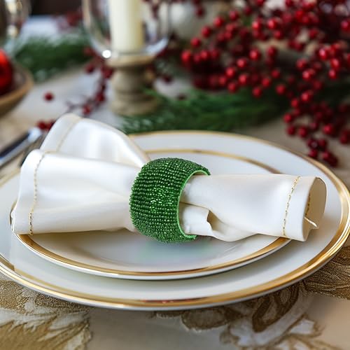 Image of COTTON CRAFT Glitz Beaded Napkin Rings - Set of 12 - Handmade Dark Green Napkin Ring Holders for Dining Table Decor - Elegant Beaded Napkin Rings for Weddings, Parties, Brunch, Holiday Table Settings
