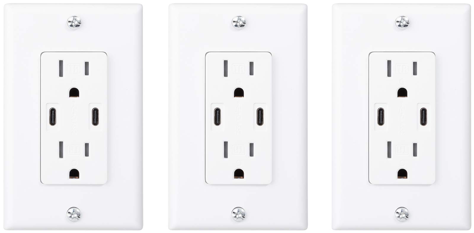 18W Dual USB Type C with Power Delivery Wall Outlet with Dual Tamper-Resistant Plugs (3-Pack, White)