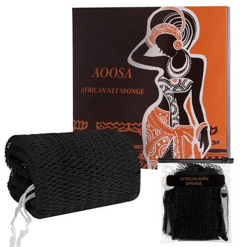AOOSA African Net Sponge Afrikanischer Netzschwamm mit Knoten Lang Schnelltrocknend Rückenschrubber Tiefenreinigender Peeling-Netzschwämme für Männer Frauen Duschnetz für Glattere Haut Schwarz
