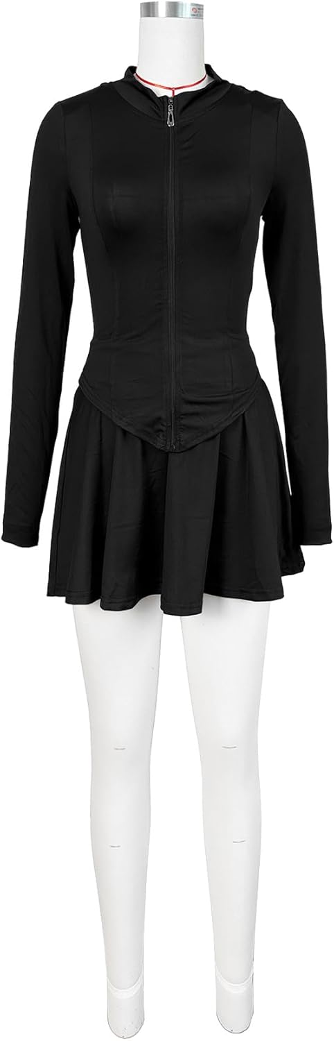 2 Piece Tennis Golf Skorts Skirt Sets for Women with Shorts Long Sleeve Zipper Crop Top Mini Dress - Image 5
