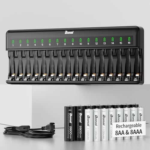 Bonai Rechargeable AA and AAA Batteries with Charger, 8 x 2800mAh AA & 8 x 1100mAh AAA & 16 Bay Advanced Individual Fast Battery Charge with American AC Plug