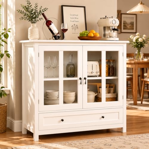 RASOO Modern Buffet Cabinet White Double Glass Doors with Unique Bell Handles and Big Drawers Sideboard Cupboard Dining Room Hallway Entryway, 41.4' L x 15.5' W x 35.4' H (Large)