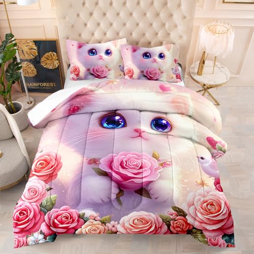 Edredon Cama 150 Gato Rosa Estampado Bedding Edredón Nórdico 172X218 Cm, Edredón De Fibra 200Gr/M²,Transpirable Colcha De Microfibra para Todas Las Estaciones