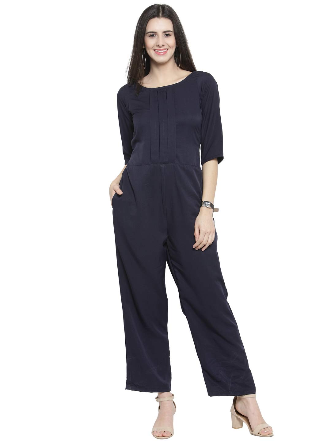 sayesha Navy Blue Solid American Crepe Jumpsuit-picture-3