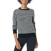 Amazon Essentials Women's Soft-Touch Crewneck Novelty Sweater, Black Charcoal White Stripe, Medium